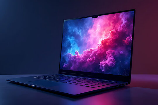 Creative digital art showcase on laptop screen modern workspace stunning visuals nighttime close-up