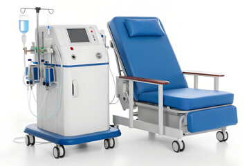 Medical dialysis machine and patient chair with intravenous drip equipment, dialysis, machine, medical equipment, healthcare, renal, kidney, treatment, therapy, hospital, clinic, patient chair