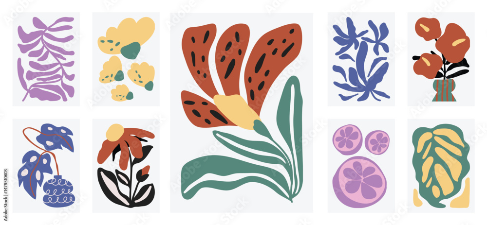 Aufkleber botanical doodle background art vector set. flower and leaves abstract shape doodle art design for p