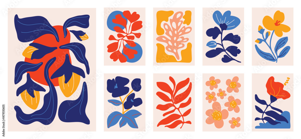Aufkleber botanical doodle background art vector set. flower and leaves abstract shape doodle art design for p