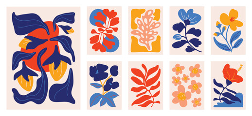 Fototapeta na wymiar Botanical doodle background art vector set. Flower and leaves abstract shape doodle art design for print, wallpaper, clipart, wall art for home decoration.