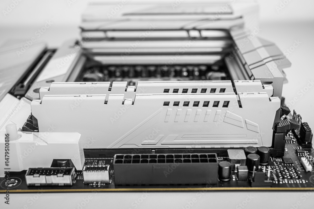 Poster high-performance motherboard showing two installed ram modules with a sleek heatsink design in a bla
