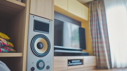 Modern home entertainment center with audio equipment.