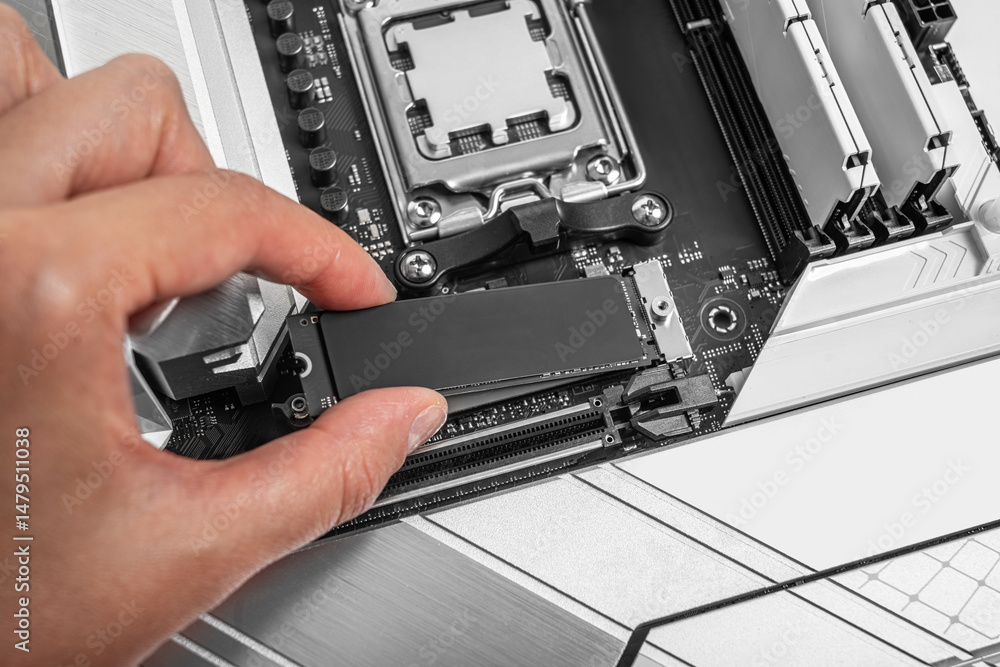 Poster a person is installing an m.2 nvme ssd into a modern motherboard socket, showcasing computer hardwar