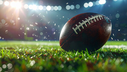 Football on a vibrant, green field under bright stadium lights, with falling confetti