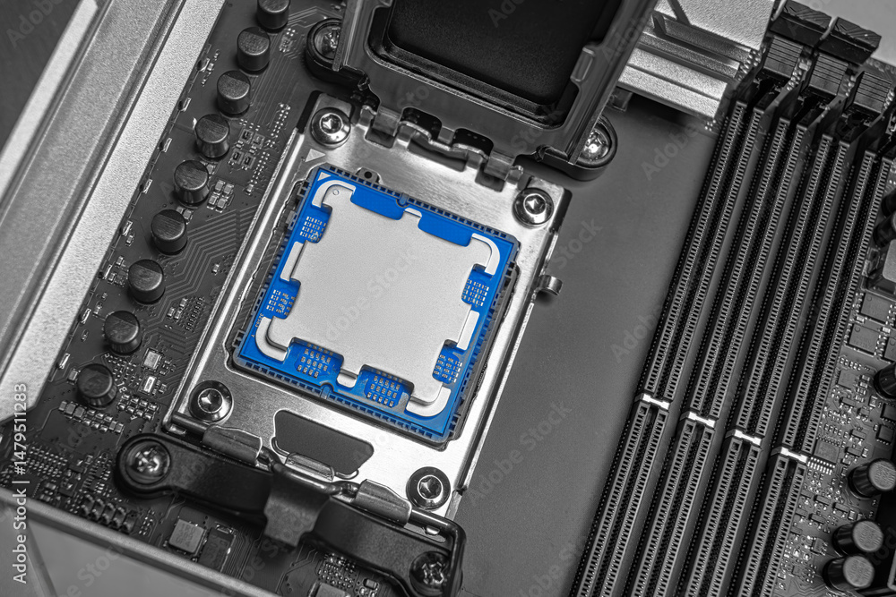 Poster a central processing unit is securely seated in a motherboard socket, ready for the retention bracke