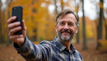 Fototapeta premium Mature caucasian male taking a selfie in autumn forest, smiling, wearing plaid shirt