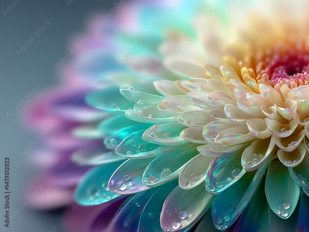 Poster vibrant and multi-layered 3d rendering close-up of a single petal with an opal-like iridescence, shi