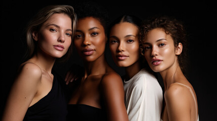 Obraz premium Diverse model group showcasing clean skin and minimal makeup, exuding confidence and beauty in striking portrait against dark background