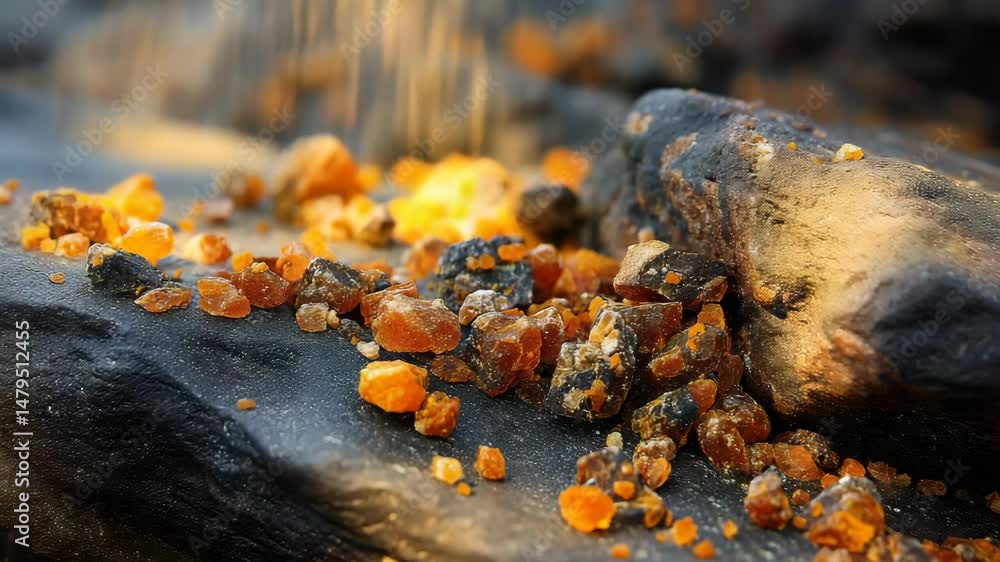 Poster aromatic resin pieces on rough bark surface catching light, creating texture and contrasting colors 