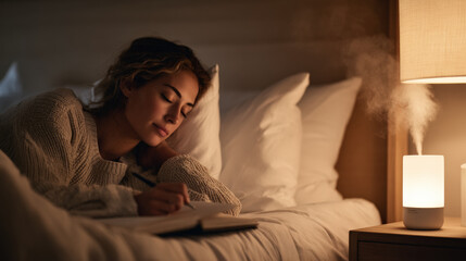 Female model journaling before bed in cozy bedroom, surrounded by soft pillows and calming atmosphere created by bedside lamp. scene evokes tranquility and relaxation