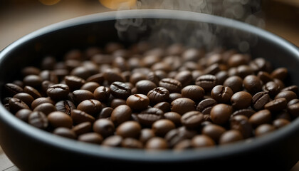 Cinematic close-up video of roasted coffee beans gently shifting inside a dark bowl