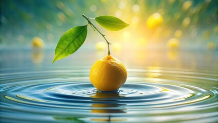Serene Citrus A Single Lemon with Vibrant Green Leaves Gently Floating on Calm Water, Illuminated by Soft Sunlight