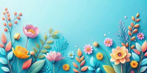Vibrant Floral Arrangement on a Light Blue Background, Featuring a Delightful Collection of Paper Flowers and Leaves in Pastel Hues, Perfect for Springtime or Summer Designs
