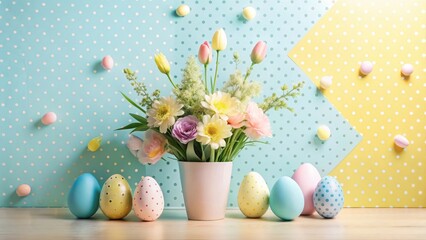 Pastel Springtime Bouquet and Decorated Eggs on Polka Dot Background