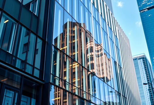 Modern office building exterior, financial district close-up,  commercial,  real estate investment