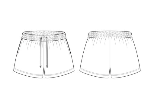 Vector fashion technical drawing of a shorts with front and back view. Elastic waistband. Drawstring detail on the center front. Side pockets. Polyester or woven fabric.