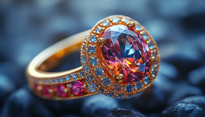 Fototapeta premium Close-up microphotography of a crystal gemstone ring with sharp reflections, captured in elegant jewelry photography