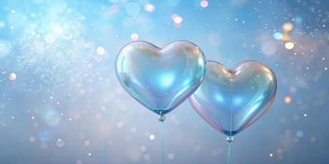 Two iridescent heart-shaped balloons float gently against a soft blue backdrop, adorned with sparkling lights, symbolizing love and celebration.