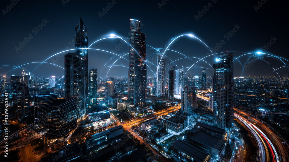 Poster artificial intelligence looking at smart city, connected with planet through global mobile internet 