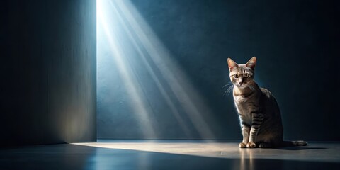A Serene Tabby Cat Silhouetted by Light Beams in a Dark Room