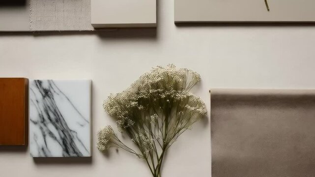 Material samples and color palette for interior design moodboard with marble and wood
