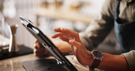 Online, cafe and hands of barman with tablet for pos, stock management or cocktail order. Mixology, drinks or bartender on digital app for inventory checklist, menu planning or small business review