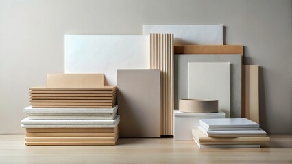 Neutral palette still life arrangement featuring stacked boards and books, a minimalist bowl, and various textured panels against a muted background