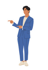 Flat style vector illustration of young businessman in blue suit standing full length and pointing to the side. Professional male character presenting product or service, on transparent background