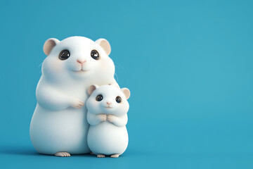 Fototapeta premium Adorable white hamsters standing together against a vibrant blue background, showcasing their bond