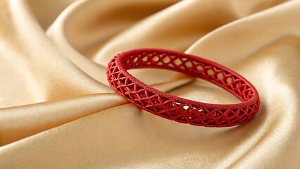 Elegant red filigree bangle bracelet resting on shimmering gold fabric.