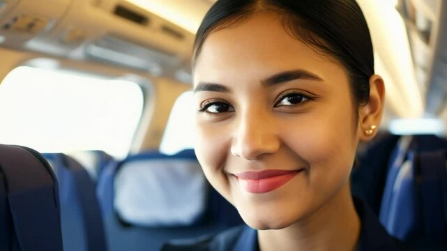 A smiling young Asian flight attendant in the middle of an empty passenger plane cabin. A friendly flight attendant smiles brightly in the empty cabin of a passenger plane.