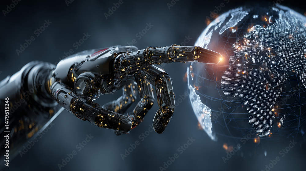 Poster ai. global communication technology concept. ai controls global network. robot hand point on earth i