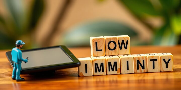 Miniature figures beside tablets and wooden blocks reading "Low Immunity",   public health,  symptom