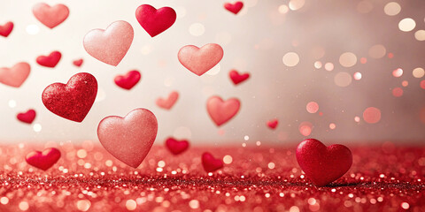 Obraz premium Romantic Floating Red Hearts with Sparkling Glitter and Bokeh Background – Valentine's Day Theme