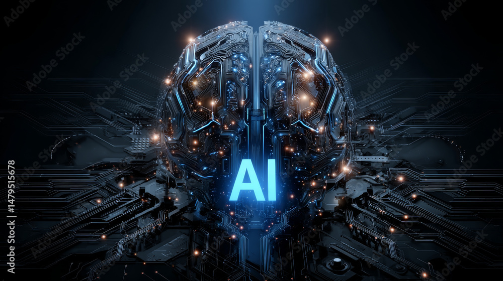 Poster artificial intelligence technology conceptual banner. ai neon letter in dark background links with i