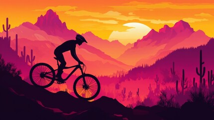Obraz premium A cyclist is seen riding a bike along the desert landscape at sunset, with the silhouettes of mountains and arid vegetation in the background