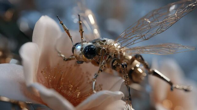 Detailed mechanical bee resting on soft flower with metallic wings and intricate, steampunk inspired body design, robotic insect