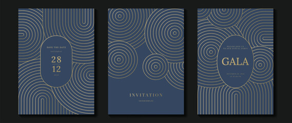 Luxury wedding invitation card background vector. Golden elegant geometric shape, gold wavy lines on navy blue background. Premium design illustration for wedding, vip cover template, banner, poster.