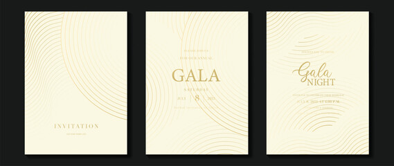 Luxury wedding invitation card background vector. Golden elegant geometric shape, gold wavy lines on light background. Premium design illustration for wedding, vip cover template, banner, poster.