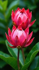 Obraz premium Giant protea blooms, vibrant pink, natural setting, protea, flower head, image