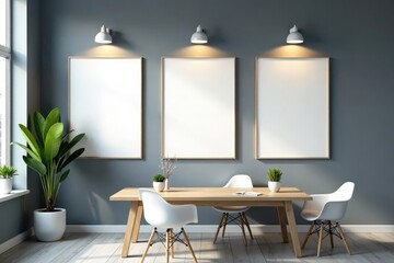 Modern office, three blank white posters on wall, office space, professional, neutral