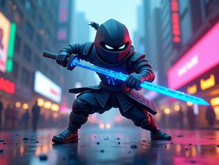 Naklejka premium Stylized low-poly ninja, dynamic action pose, katana in hand, cyberpunk city backdrop, smooth lighting effects