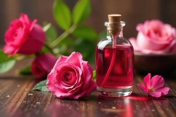 Organic rose oil & herbal elixir, elegant spa scene , perfume, candle