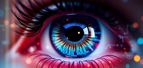 Macro blue iris, futuristic digital data streams overlay,   neon,  interface