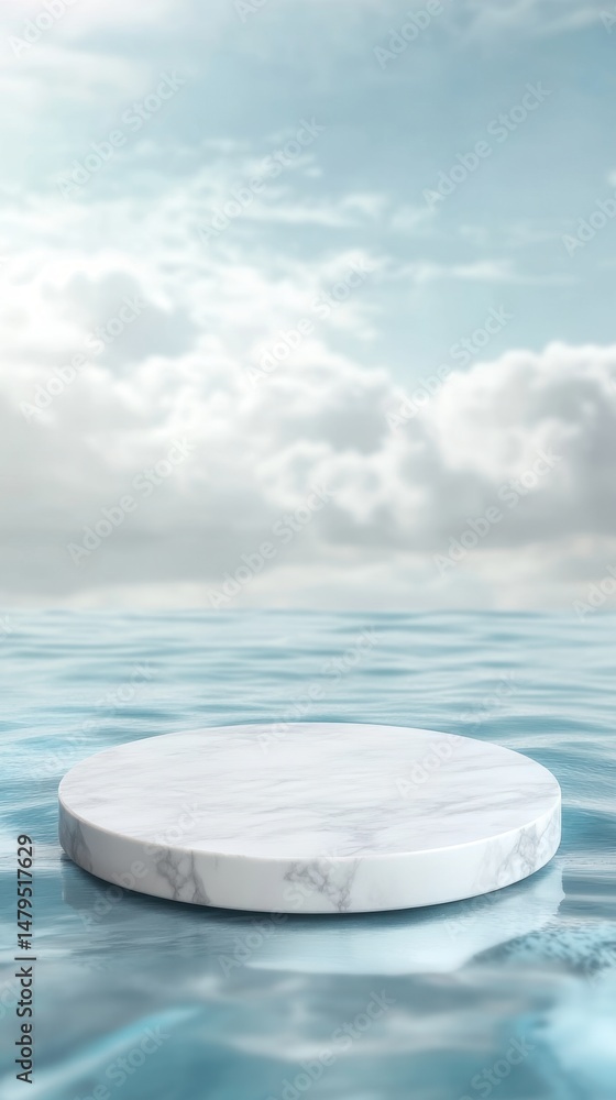 Poster marble podium display on water surface with sky background product showcase presentation mockup abst