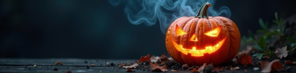 Fototapeta premium Smoking pumpkin; glowing embers inside, smoke rises from mouth , still life, glowing, candlelight