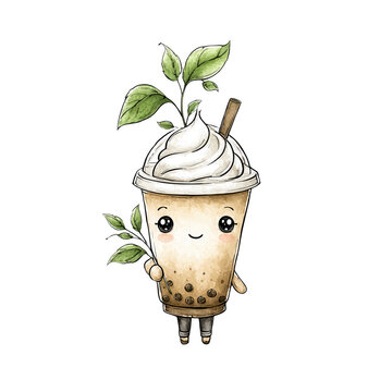 recommend clip art: A charming bubble tea character smiles with sprouting green leaves around it.