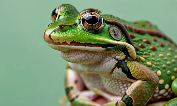 Detailed close-up of a vibrant green frog with textured skin and large eyes, set against a soft green background for a natural look.
