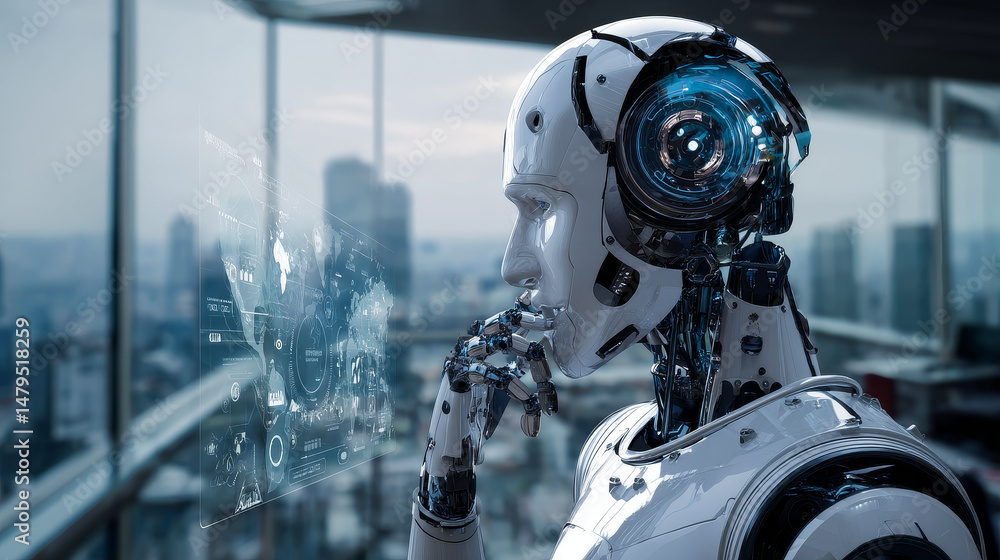 Poster robots man and woman with artificial intelligence working with virtual interface in cybernetic reali